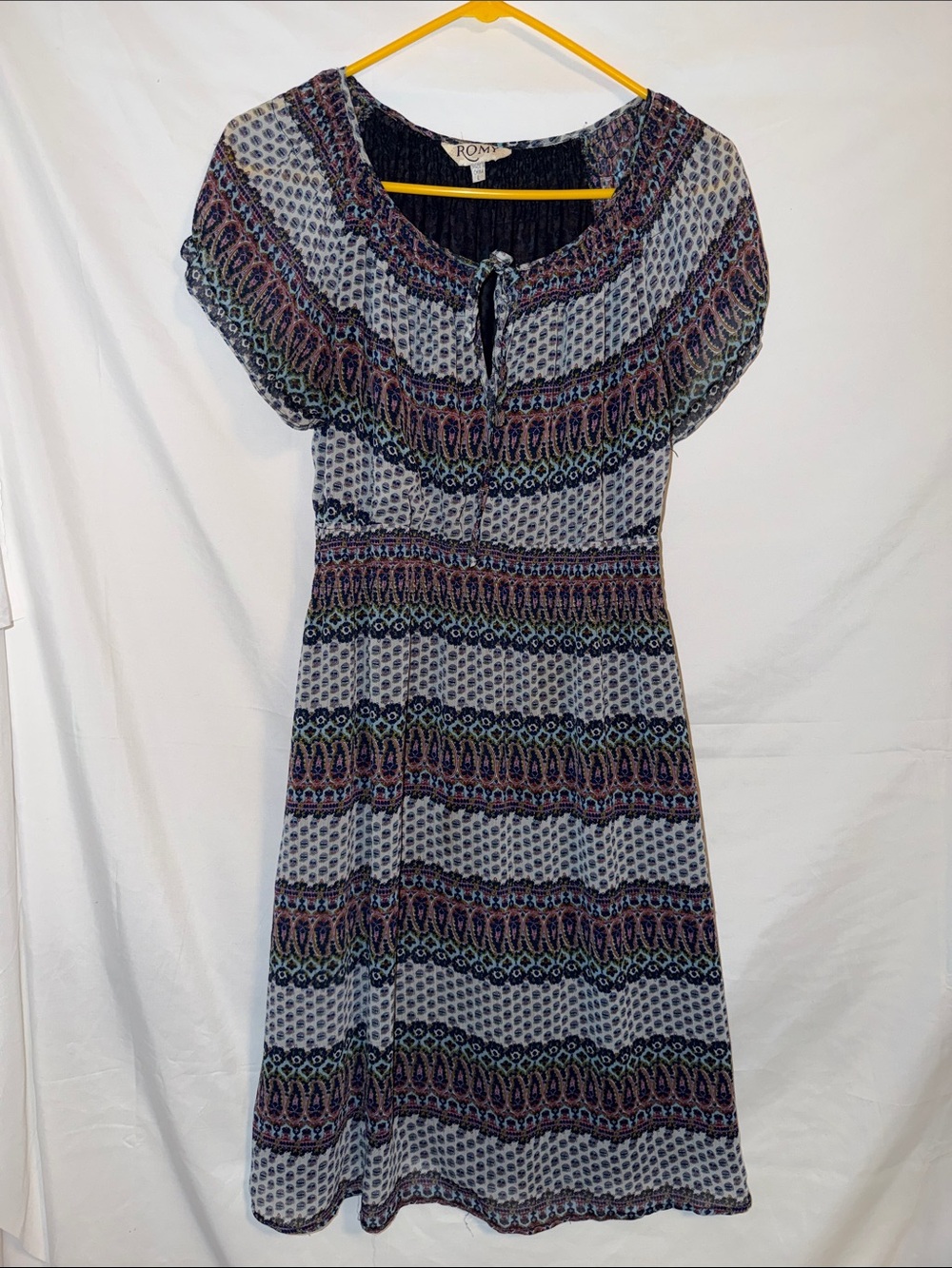 Romy Multicolor Boho Midi Dress with Tie Neck